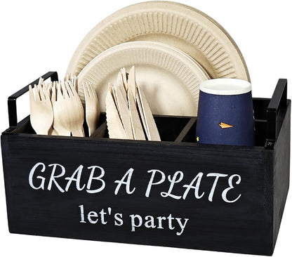 Paper Plate Holder, Utensil Caddy Organizer, Wood Paper Plate Dispenser, Silverware Caddy Holder, and Disposable Coffee Bar Accessories Box for Kitchen Counter, Party, Camping, Picnic (6 compartment)