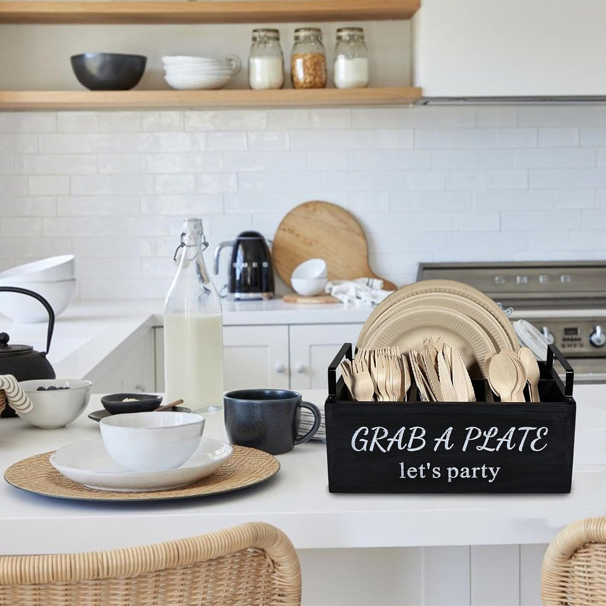 Paper Plate Holder, Utensil Caddy Organizer, Wood Paper Plate Dispenser, Silverware Caddy Holder, and Disposable Coffee Bar Accessories Box for Kitchen Counter, Party, Camping, Picnic (6 compartment)