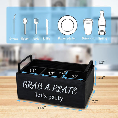 Paper Plate Holder, Utensil Caddy Organizer, Wood Paper Plate Dispenser, Silverware Caddy Holder, and Disposable Coffee Bar Accessories Box for Kitchen Counter, Party, Camping, Picnic (6 compartment)