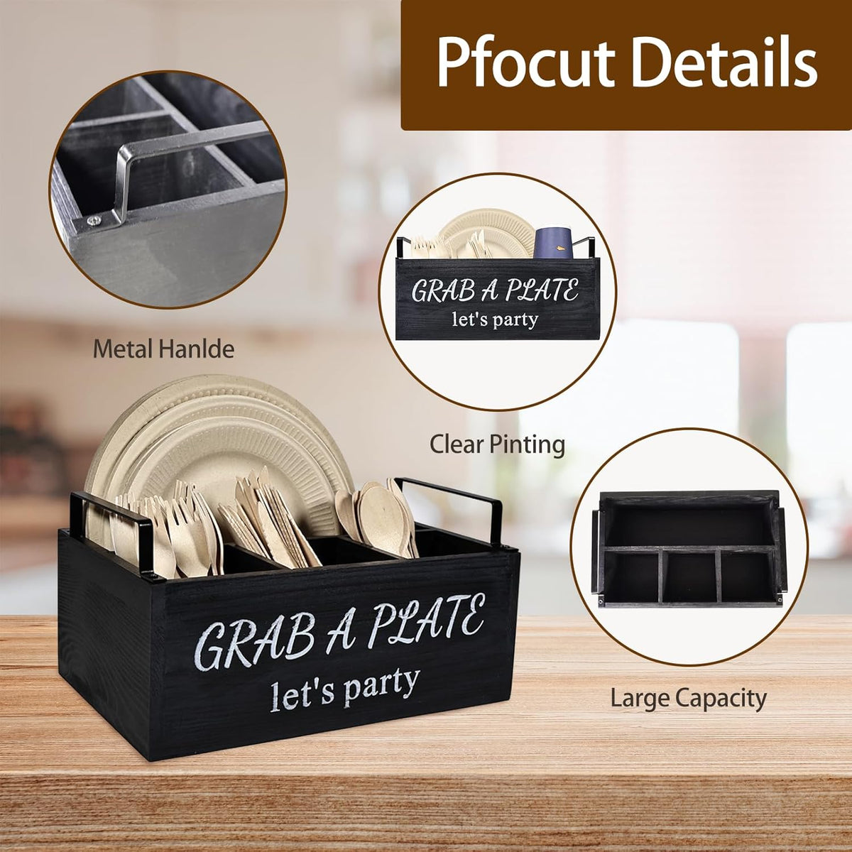 Paper Plate Holder, Utensil Caddy Organizer, Wood Paper Plate Dispenser, Silverware Caddy Holder, and Disposable Coffee Bar Accessories Box for Kitchen Counter, Party, Camping, Picnic (6 compartment)