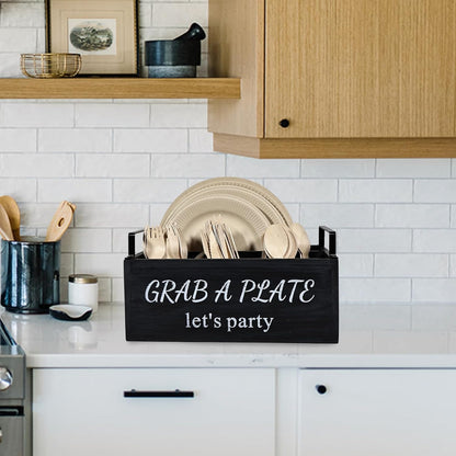 Paper Plate Holder, Utensil Caddy Organizer, Wood Paper Plate Dispenser, Silverware Caddy Holder, and Disposable Coffee Bar Accessories Box for Kitchen Counter, Party, Camping, Picnic (6 compartment)