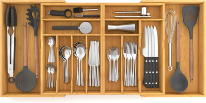 Extra Large Silverware Drawer Organizer,Expandable 22in to 37in,Bamboo | 2.6in Deep,13 Slot,Removable Design,Expandable Utensil Tray for Kitchen Drawer,Big Adjustable Cooking Cutlery Flatware Holder