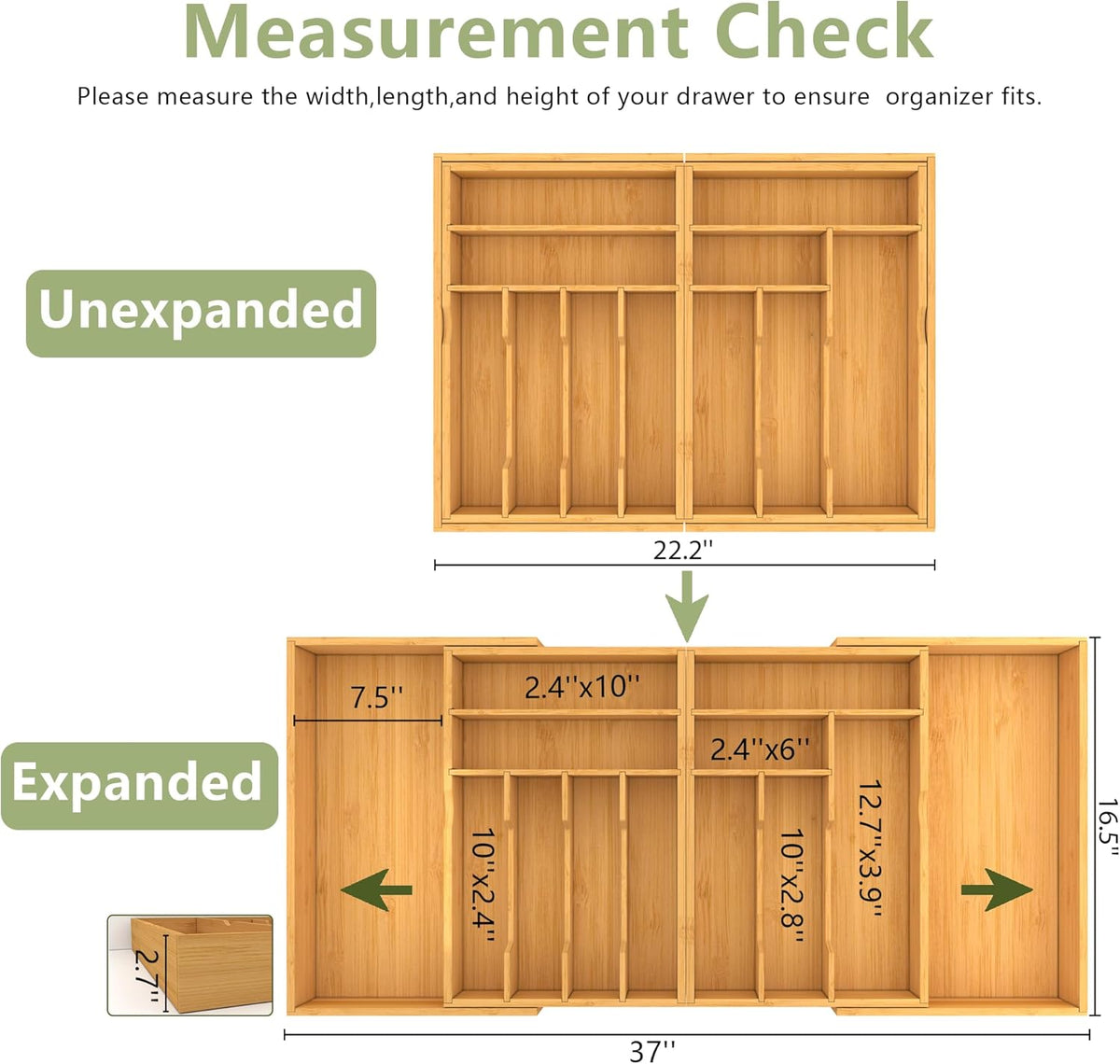 Extra Large Silverware Drawer Organizer,Expandable 22in to 37in,Bamboo | 2.6in Deep,13 Slot,Removable Design,Expandable Utensil Tray for Kitchen Drawer,Big Adjustable Cooking Cutlery Flatware Holder