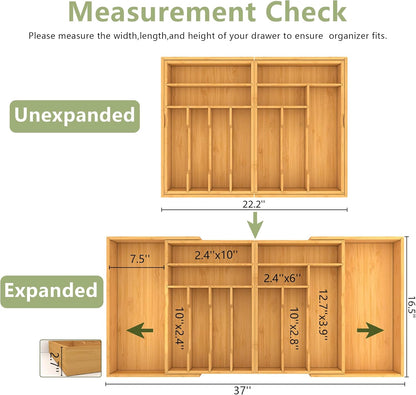 Extra Large Silverware Drawer Organizer,Expandable 22in to 37in,Bamboo | 2.6in Deep,13 Slot,Removable Design,Expandable Utensil Tray for Kitchen Drawer,Big Adjustable Cooking Cutlery Flatware Holder