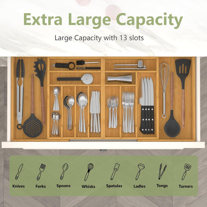 Extra Large Silverware Drawer Organizer,Expandable 22in to 37in,Bamboo | 2.6in Deep,13 Slot,Removable Design,Expandable Utensil Tray for Kitchen Drawer,Big Adjustable Cooking Cutlery Flatware Holder