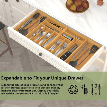 Extra Large Silverware Drawer Organizer,Expandable 22in to 37in,Bamboo | 2.6in Deep,13 Slot,Removable Design,Expandable Utensil Tray for Kitchen Drawer,Big Adjustable Cooking Cutlery Flatware Holder