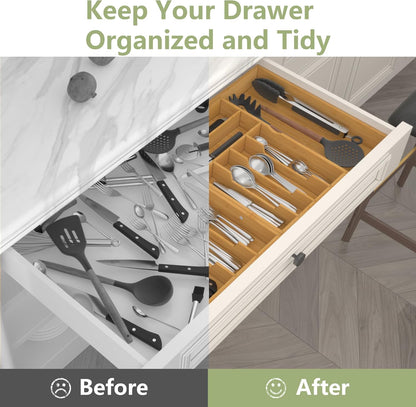 Extra Large Silverware Drawer Organizer,Expandable 22in to 37in,Bamboo | 2.6in Deep,13 Slot,Removable Design,Expandable Utensil Tray for Kitchen Drawer,Big Adjustable Cooking Cutlery Flatware Holder