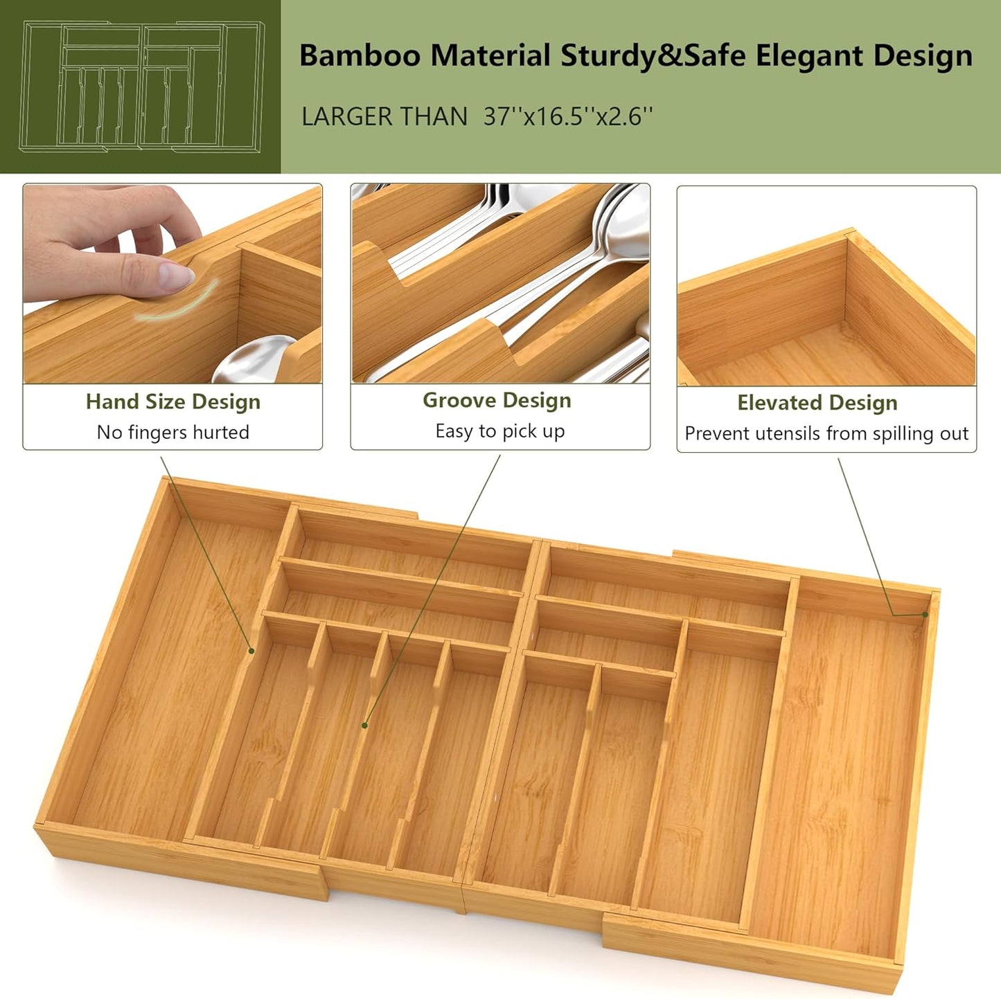 Extra Large Silverware Drawer Organizer,Expandable 22in to 37in,Bamboo | 2.6in Deep,13 Slot,Removable Design,Expandable Utensil Tray for Kitchen Drawer,Big Adjustable Cooking Cutlery Flatware Holder