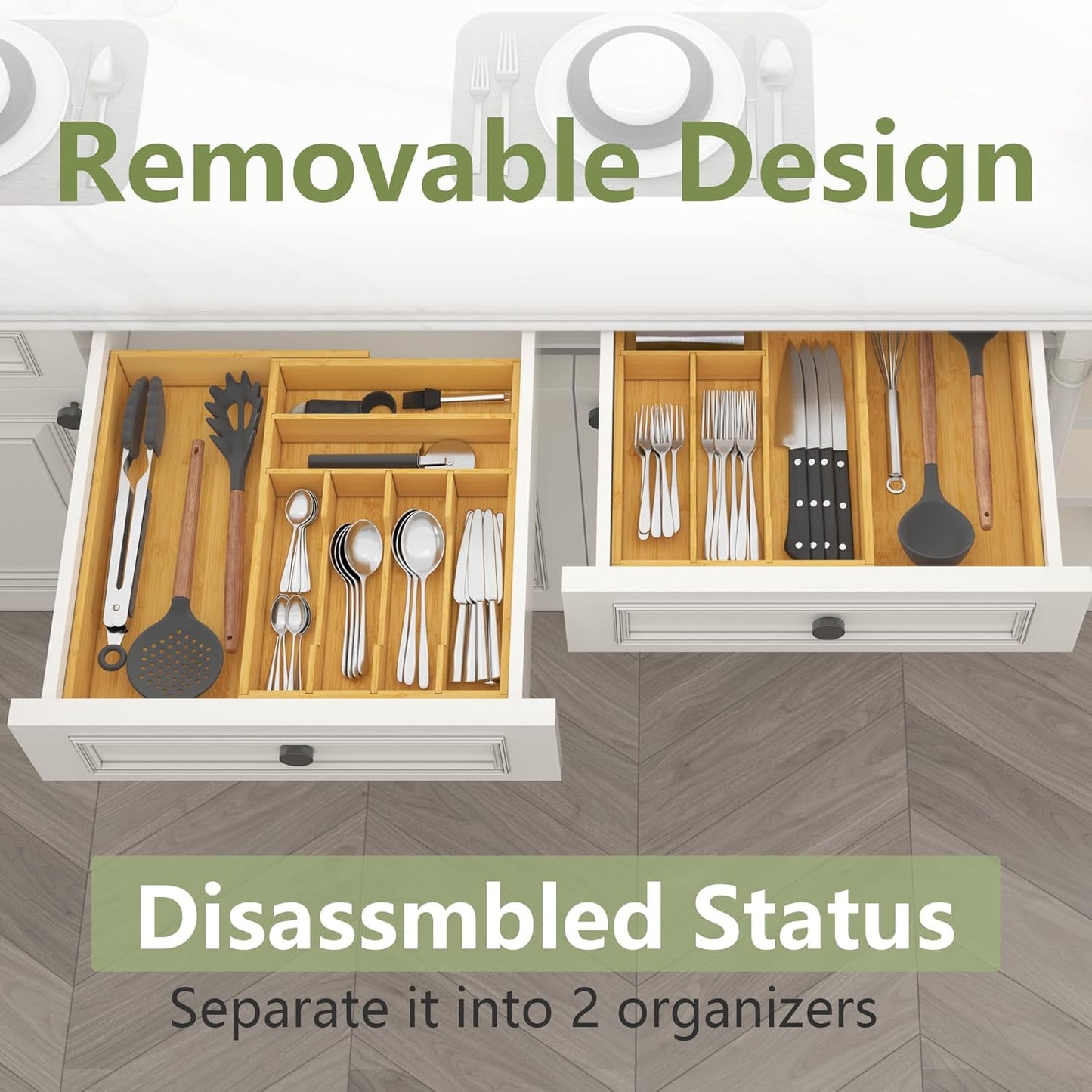 Extra Large Silverware Drawer Organizer,Expandable 22in to 37in,Bamboo | 2.6in Deep,13 Slot,Removable Design,Expandable Utensil Tray for Kitchen Drawer,Big Adjustable Cooking Cutlery Flatware Holder