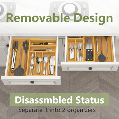 Extra Large Silverware Drawer Organizer,Expandable 22in to 37in,Bamboo | 2.6in Deep,13 Slot,Removable Design,Expandable Utensil Tray for Kitchen Drawer,Big Adjustable Cooking Cutlery Flatware Holder
