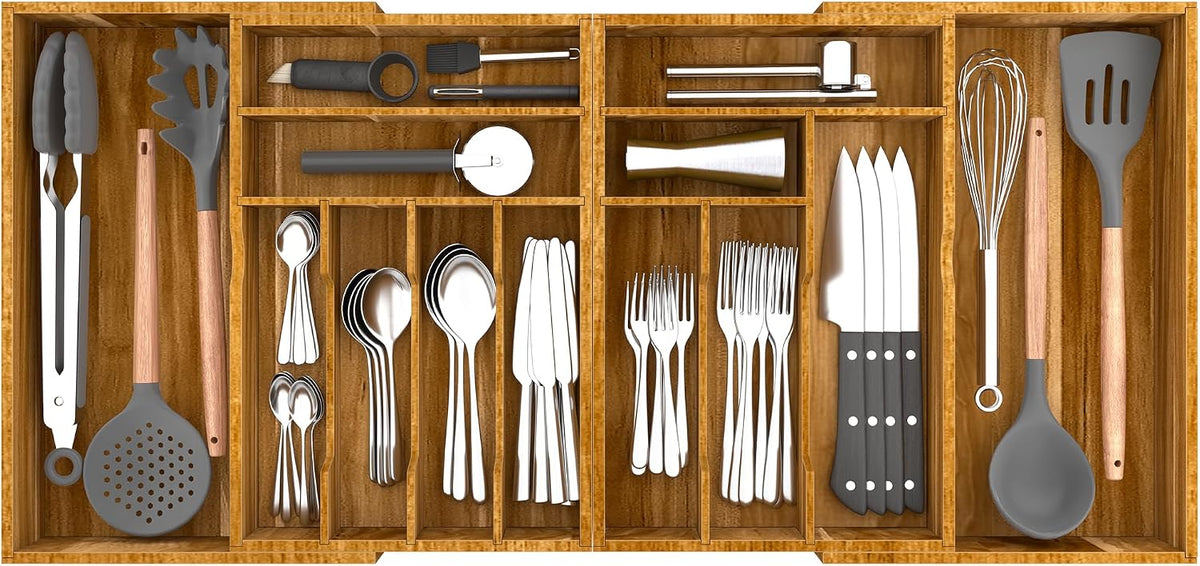 Extra Large Silverware Drawer Organizer,Expandable 22in to 37in,Bamboo | 2.6in Deep,13 Slot,Removable Design,Expandable Utensil Tray for Kitchen Drawer,Big Adjustable Cooking Cutlery Flatware Holder
