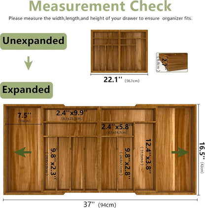 Extra Large Silverware Drawer Organizer,Expandable 22in to 37in,Bamboo | 2.6in Deep,13 Slot,Removable Design,Expandable Utensil Tray for Kitchen Drawer,Big Adjustable Cooking Cutlery Flatware Holder