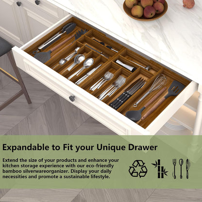 Extra Large Silverware Drawer Organizer,Expandable 22in to 37in,Bamboo | 2.6in Deep,13 Slot,Removable Design,Expandable Utensil Tray for Kitchen Drawer,Big Adjustable Cooking Cutlery Flatware Holder
