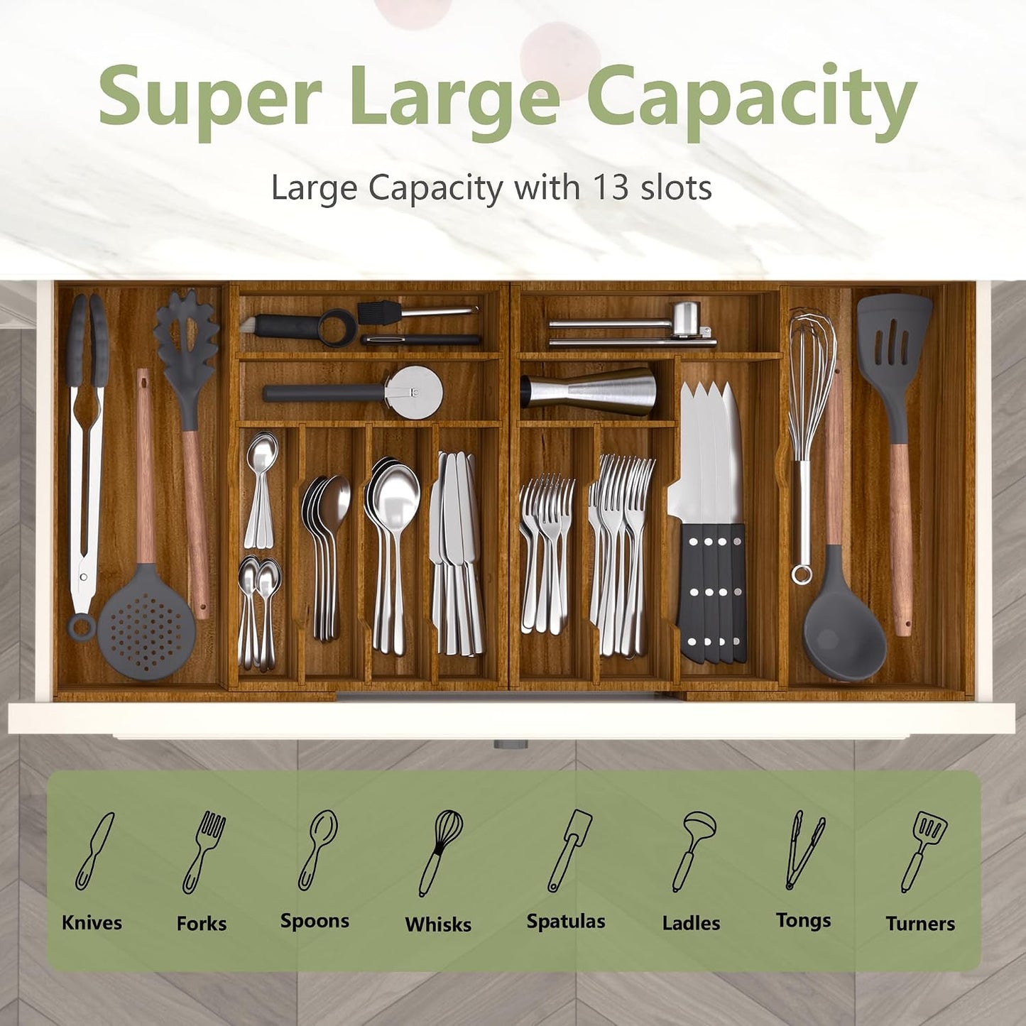 Extra Large Silverware Drawer Organizer,Expandable 22in to 37in,Bamboo | 2.6in Deep,13 Slot,Removable Design,Expandable Utensil Tray for Kitchen Drawer,Big Adjustable Cooking Cutlery Flatware Holder