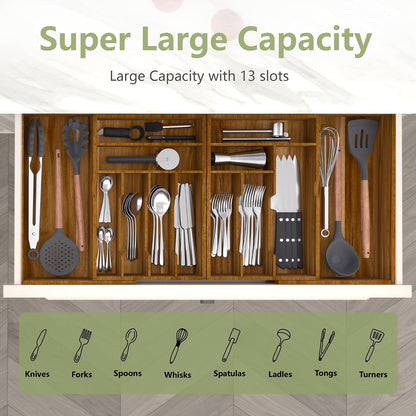 Extra Large Silverware Drawer Organizer,Expandable 22in to 37in,Bamboo | 2.6in Deep,13 Slot,Removable Design,Expandable Utensil Tray for Kitchen Drawer,Big Adjustable Cooking Cutlery Flatware Holder