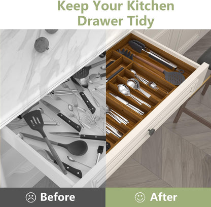 Extra Large Silverware Drawer Organizer,Expandable 22in to 37in,Bamboo | 2.6in Deep,13 Slot,Removable Design,Expandable Utensil Tray for Kitchen Drawer,Big Adjustable Cooking Cutlery Flatware Holder