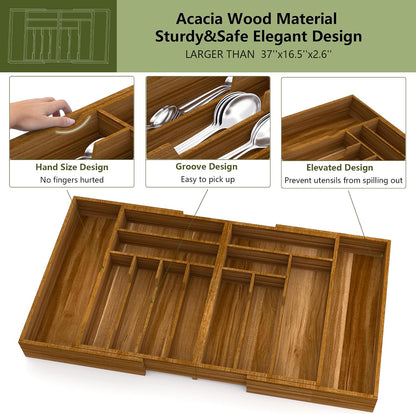 Extra Large Silverware Drawer Organizer,Expandable 22in to 37in,Bamboo | 2.6in Deep,13 Slot,Removable Design,Expandable Utensil Tray for Kitchen Drawer,Big Adjustable Cooking Cutlery Flatware Holder