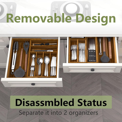 Extra Large Silverware Drawer Organizer,Expandable 22in to 37in,Bamboo | 2.6in Deep,13 Slot,Removable Design,Expandable Utensil Tray for Kitchen Drawer,Big Adjustable Cooking Cutlery Flatware Holder