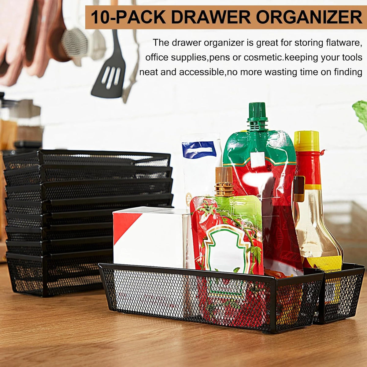 10 Pack 10 Pack Mesh Silverware Drawer Organizer, 9 x 3 x 2 Inch Utensil Organizer Countertop with Interlocking Design, Kitchen Drawer Storage Trays for Forks, Spoons, Knives, Gadgets