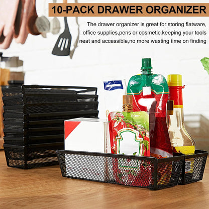 10 Pack 10 Pack Mesh Silverware Drawer Organizer, 9 x 3 x 2 Inch Utensil Organizer Countertop with Interlocking Design, Kitchen Drawer Storage Trays for Forks, Spoons, Knives, Gadgets