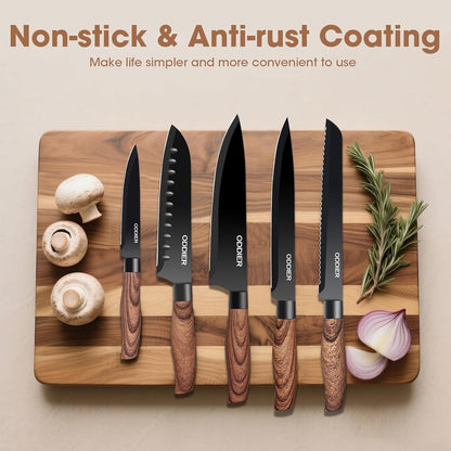 Knife Set, 8 Piece Kitchen Knife Set, Stainless Steel Knives Set for Kitchen, Universal Knife Block Set, Kitchen Kinfe Essentials, New Home Apartment Essentials, Dishwasher Safe (Black Wood-Grain)