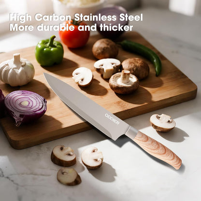 Knife Set, 8 Piece Kitchen Knife Set, Stainless Steel Knives Set for Kitchen, Universal Knife Block Set, Kitchen Kinfe Essentials, New Home Apartment Essentials, Dishwasher Safe (Black Wood-Grain)