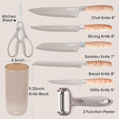 Knife Set, 8 Piece Kitchen Knife Set, Stainless Steel Knives Set for Kitchen, Universal Knife Block Set, Kitchen Kinfe Essentials, New Home Apartment Essentials, Dishwasher Safe (Black Wood-Grain)