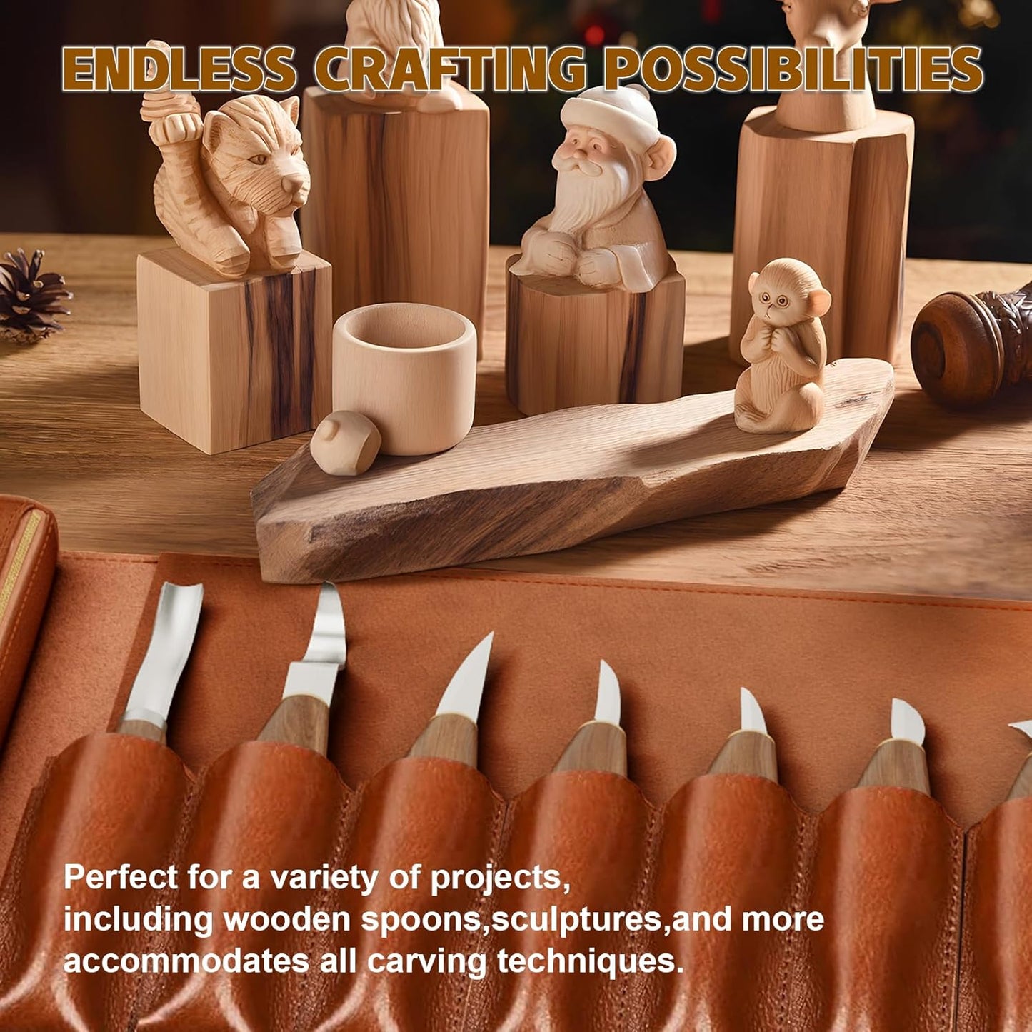 Deluxe Wood Carving Kit，Wood Carving Tools Set with Large Storage Case，Wood Carving Knife Set-Whittling Kit with 8 Pcs Whittling Knives& 5 Detail Knives for Beginners and Hobbyists