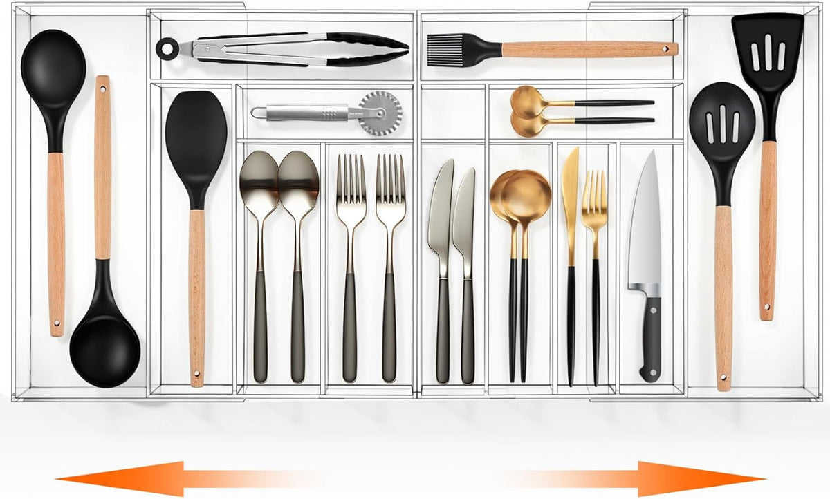 Large Clear Expandable Silverware Drawer Organizer, Acrylic Adjustable 21.4 to 36 Inches Wide Utensil Tray for Kitchen Flatware and Cutlery Holder for Spoons Forks Knives, 13 Compartments