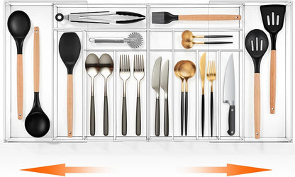 Large Clear Expandable Silverware Drawer Organizer, Acrylic Adjustable 21.4 to 36 Inches Wide Utensil Tray for Kitchen Flatware and Cutlery Holder for Spoons Forks Knives, 13 Compartments