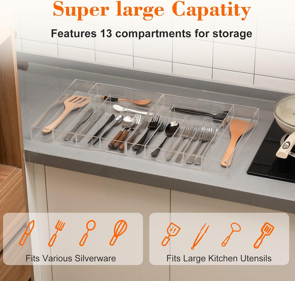 Large Clear Expandable Silverware Drawer Organizer, Acrylic Adjustable 21.4 to 36 Inches Wide Utensil Tray for Kitchen Flatware and Cutlery Holder for Spoons Forks Knives, 13 Compartments