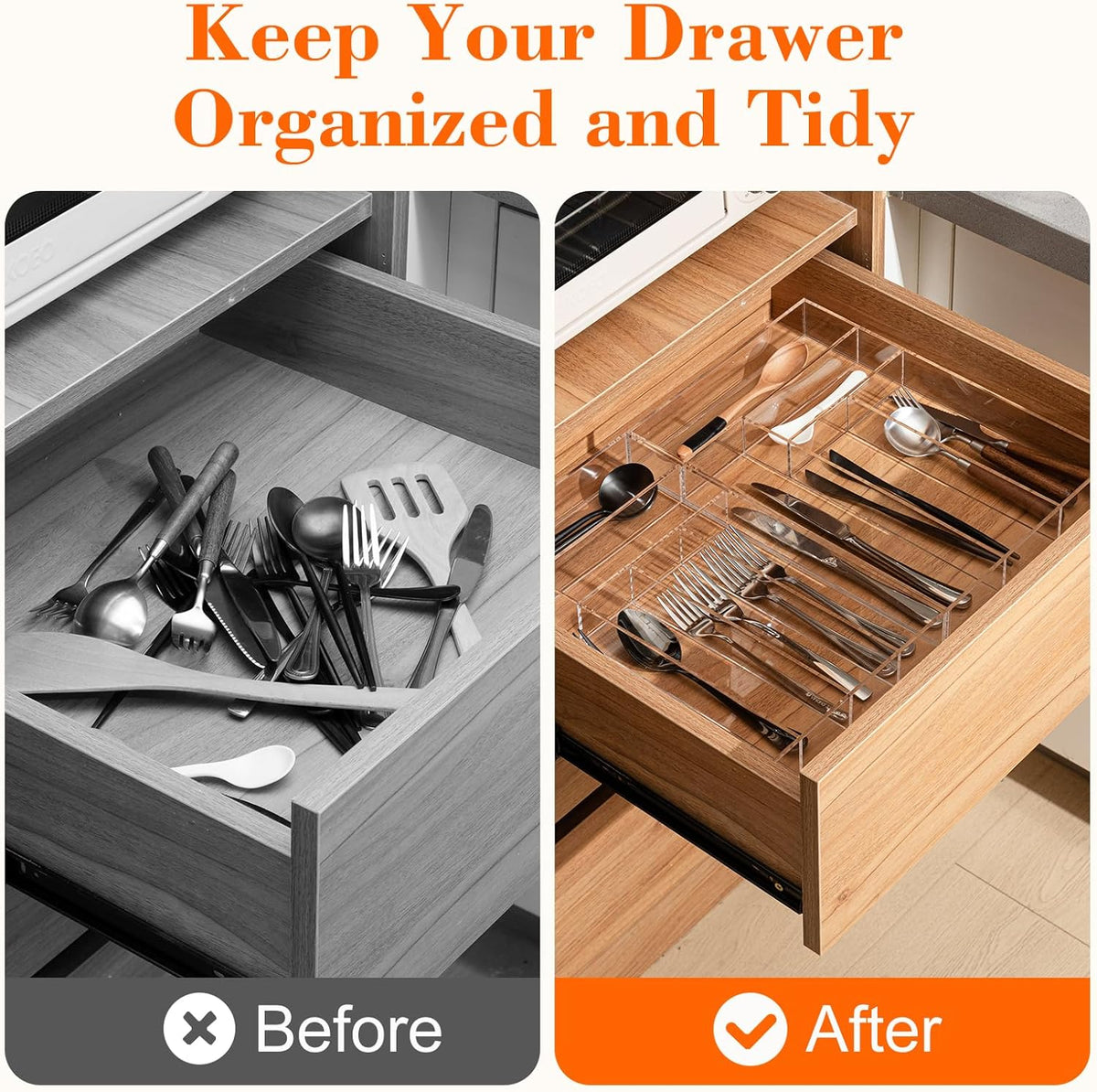 Large Clear Expandable Silverware Drawer Organizer, Acrylic Adjustable 21.4 to 36 Inches Wide Utensil Tray for Kitchen Flatware and Cutlery Holder for Spoons Forks Knives, 13 Compartments