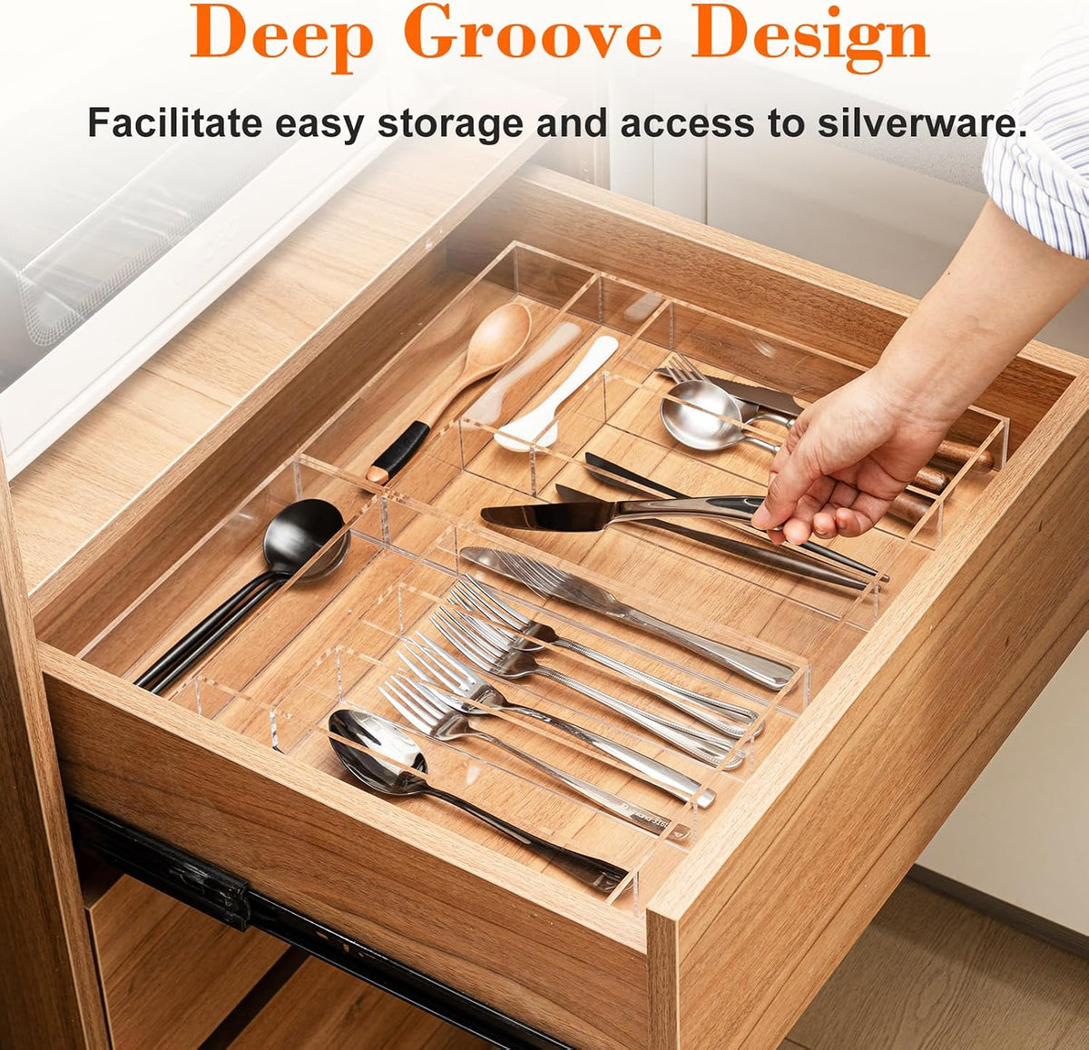 Large Clear Expandable Silverware Drawer Organizer, Acrylic Adjustable 21.4 to 36 Inches Wide Utensil Tray for Kitchen Flatware and Cutlery Holder for Spoons Forks Knives, 13 Compartments
