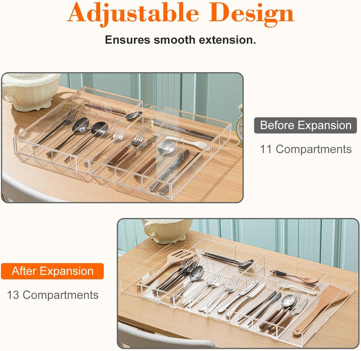 Large Clear Expandable Silverware Drawer Organizer, Acrylic Adjustable 21.4 to 36 Inches Wide Utensil Tray for Kitchen Flatware and Cutlery Holder for Spoons Forks Knives, 13 Compartments