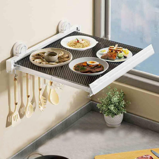 Wall-Mounted Kitchen Food Prep Trays Station, Foldable Suction Cup Food Preparation Rack, Kitchen Serving Accessories for Holding Dishes Spices Knives(White,44cm)