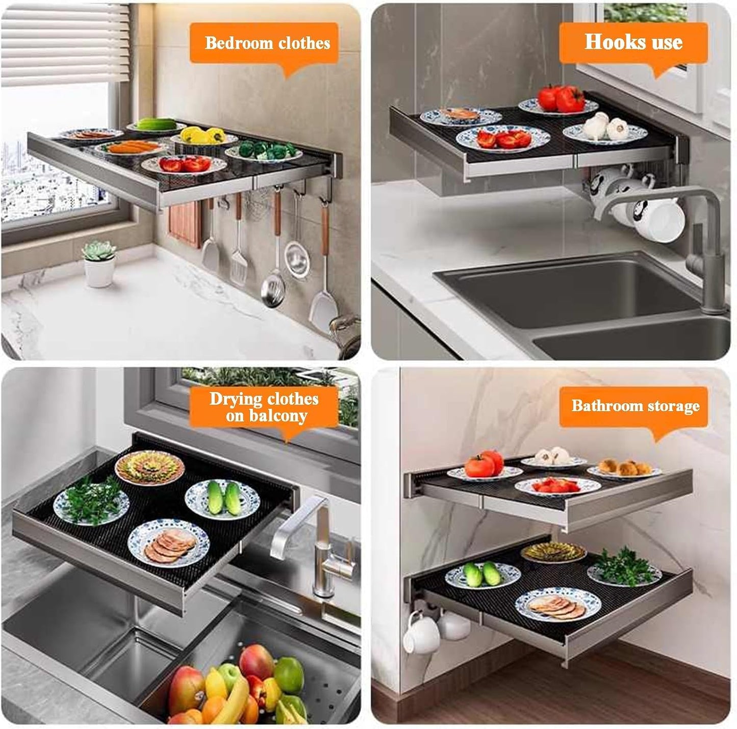 Wall-Mounted Kitchen Food Prep Trays Station, Foldable Suction Cup Food Preparation Rack, Kitchen Serving Accessories for Holding Dishes Spices Knives(White,44cm)