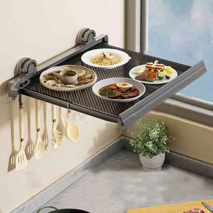 Wall-Mounted Kitchen Food Prep Trays Station, Foldable Suction Cup Food Preparation Rack, Kitchen Serving Accessories for Holding Dishes Spices Knives(White,44cm)