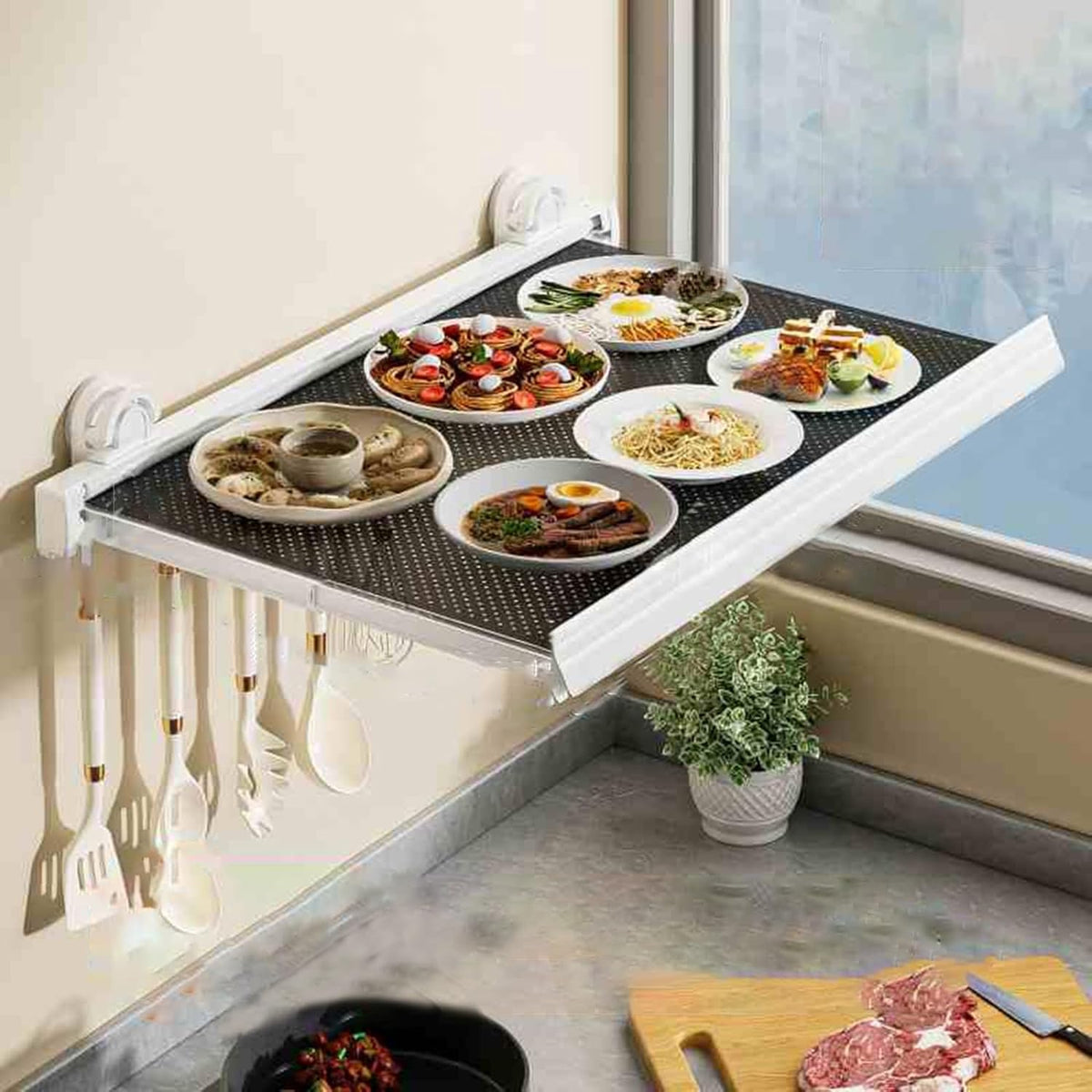 Wall-Mounted Kitchen Food Prep Trays Station, Foldable Suction Cup Food Preparation Rack, Kitchen Serving Accessories for Holding Dishes Spices Knives(White,44cm)