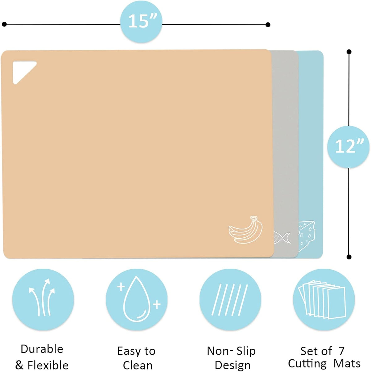7 Pieces Plastic Flexible Cutting Boards for Kitchen, BPA- Free,15"x12"
