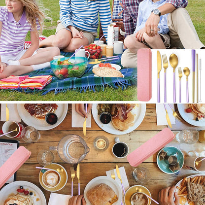 8 Pieces Stainless Steel Flatware Set Portable Reusable Cutlery Set Travel Utensils Set Including Chopsticks Knife Fork Spoon Straws Cleaning Brush Dishwasher Safe (Pink Golden)