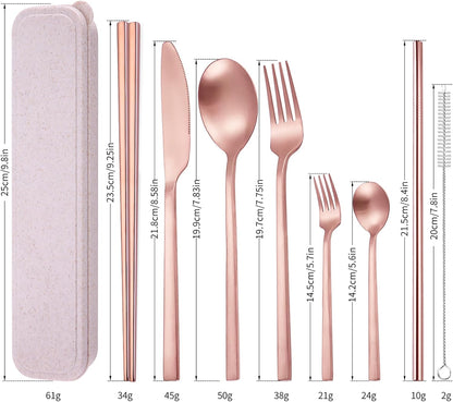 8 Pieces Stainless Steel Flatware Set Portable Reusable Cutlery Set Travel Utensils Set Including Chopsticks Knife Fork Spoon Straws Cleaning Brush Dishwasher Safe (Pink Golden)