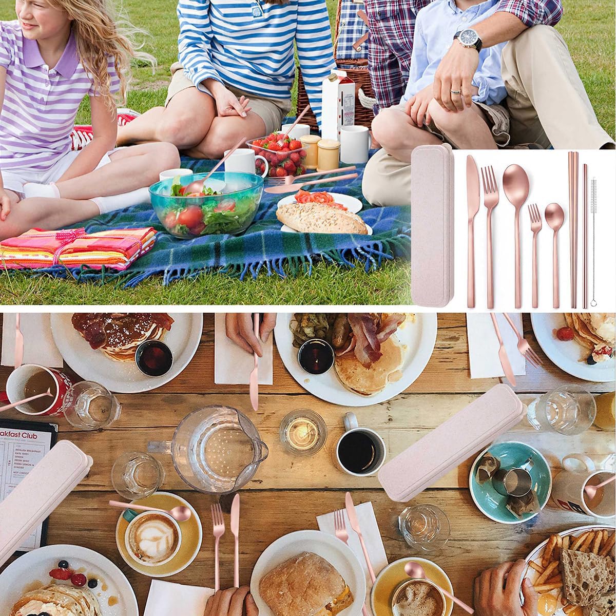 8 Pieces Stainless Steel Flatware Set Portable Reusable Cutlery Set Travel Utensils Set Including Chopsticks Knife Fork Spoon Straws Cleaning Brush Dishwasher Safe (Pink Golden)