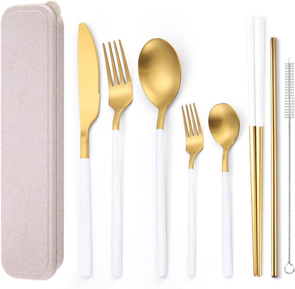 8 Pieces Stainless Steel Flatware Set Portable Reusable Cutlery Set Travel Utensils Set Including Chopsticks Knife Fork Spoon Straws Cleaning Brush Dishwasher Safe (Pink Golden)