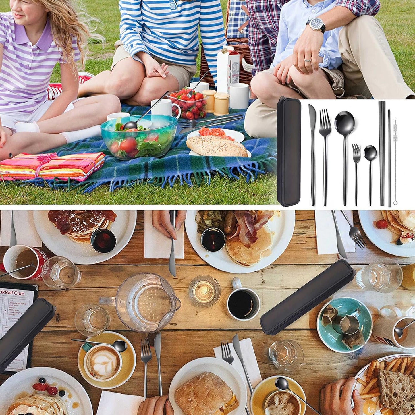 8 Pieces Stainless Steel Flatware Set Portable Reusable Cutlery Set Travel Utensils Set Including Chopsticks Knife Fork Spoon Straws Cleaning Brush Dishwasher Safe (Pink Golden)