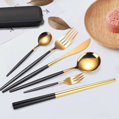 8 Pieces Stainless Steel Flatware Set Portable Reusable Cutlery Set Travel Utensils Set Including Chopsticks Knife Fork Spoon Straws Cleaning Brush Dishwasher Safe (Pink Golden)