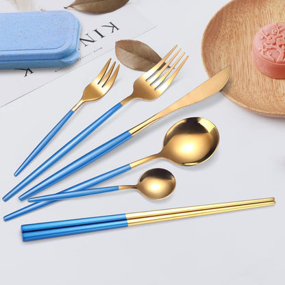 8 Pieces Stainless Steel Flatware Set Portable Reusable Cutlery Set Travel Utensils Set Including Chopsticks Knife Fork Spoon Straws Cleaning Brush Dishwasher Safe (Pink Golden)
