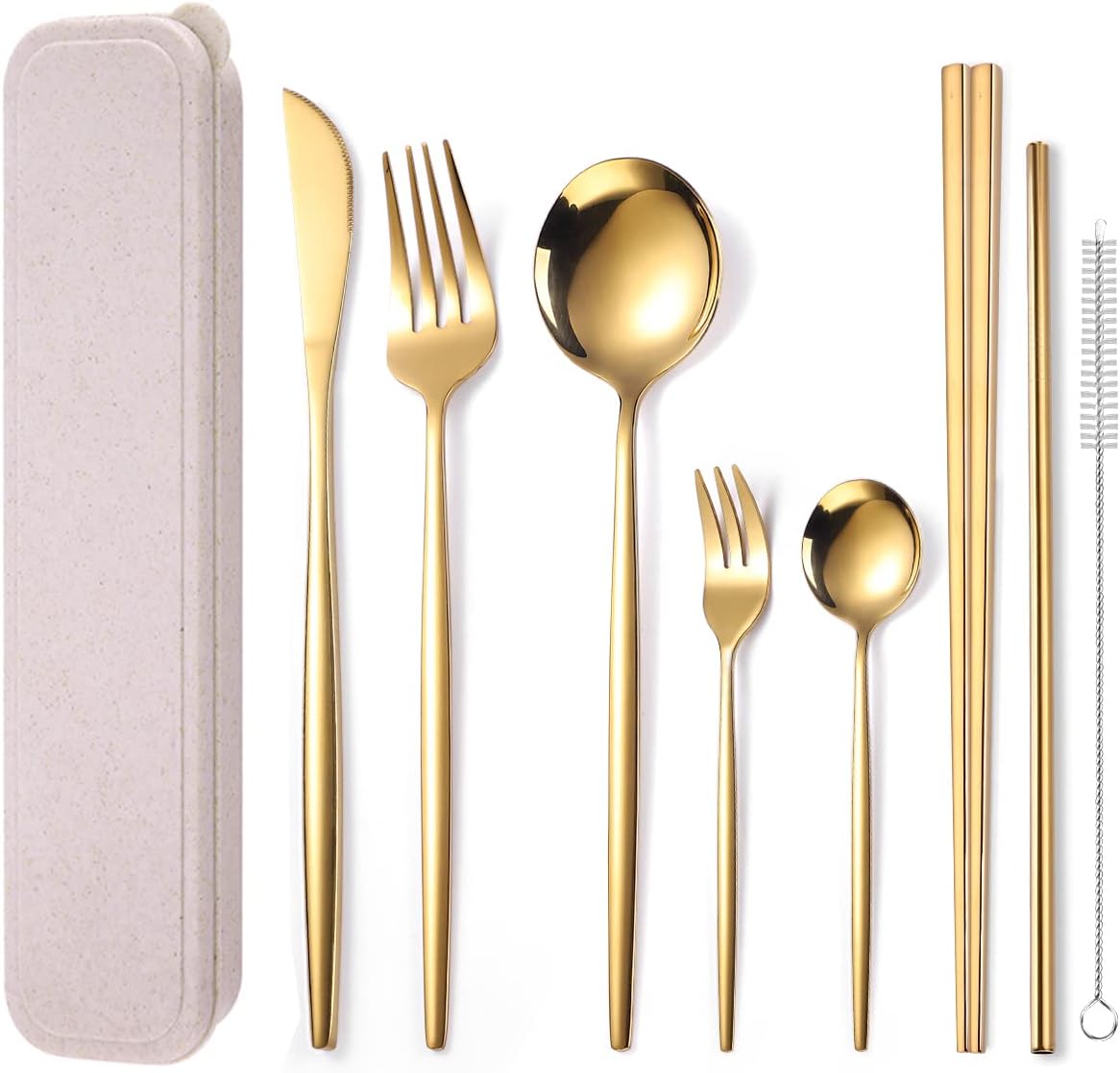 8 Pieces Stainless Steel Flatware Set Portable Reusable Cutlery Set Travel Utensils Set Including Chopsticks Knife Fork Spoon Straws Cleaning Brush Dishwasher Safe (Pink Golden)