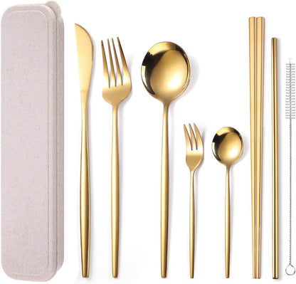 8 Pieces Stainless Steel Flatware Set Portable Reusable Cutlery Set Travel Utensils Set Including Chopsticks Knife Fork Spoon Straws Cleaning Brush Dishwasher Safe (Pink Golden)