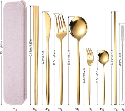 8 Pieces Stainless Steel Flatware Set Portable Reusable Cutlery Set Travel Utensils Set Including Chopsticks Knife Fork Spoon Straws Cleaning Brush Dishwasher Safe (Pink Golden)