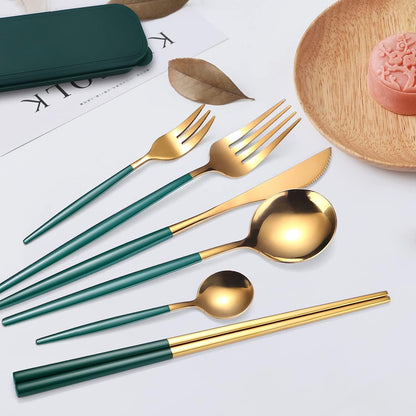 8 Pieces Stainless Steel Flatware Set Portable Reusable Cutlery Set Travel Utensils Set Including Chopsticks Knife Fork Spoon Straws Cleaning Brush Dishwasher Safe (Pink Golden)